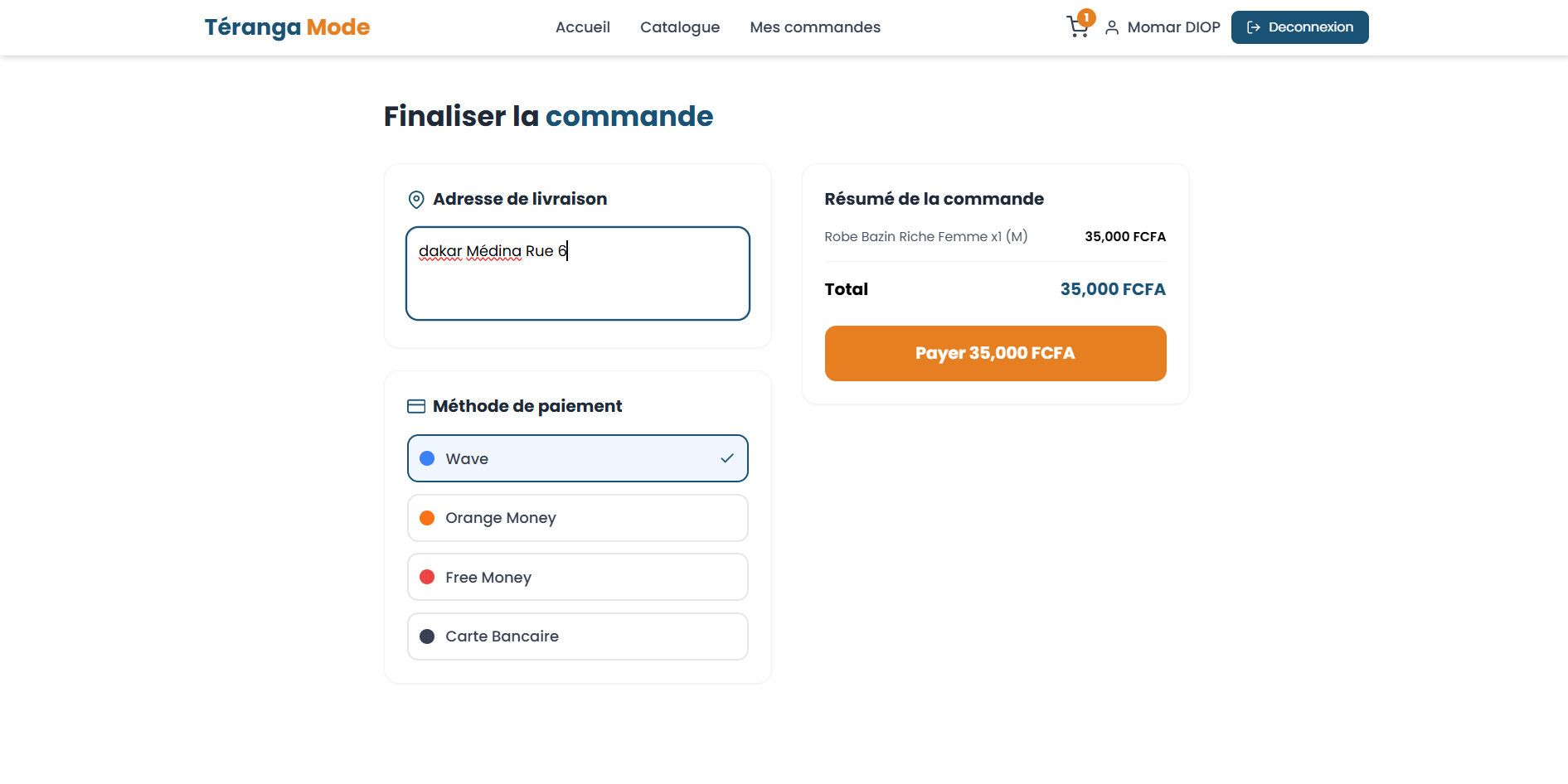 Checkout - Wave, Orange Money, Free Money, Carte Bancaire